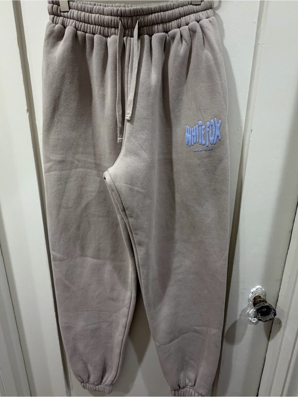 White Fox Boutique Taupe Track Joggers with Light Blue Logo
